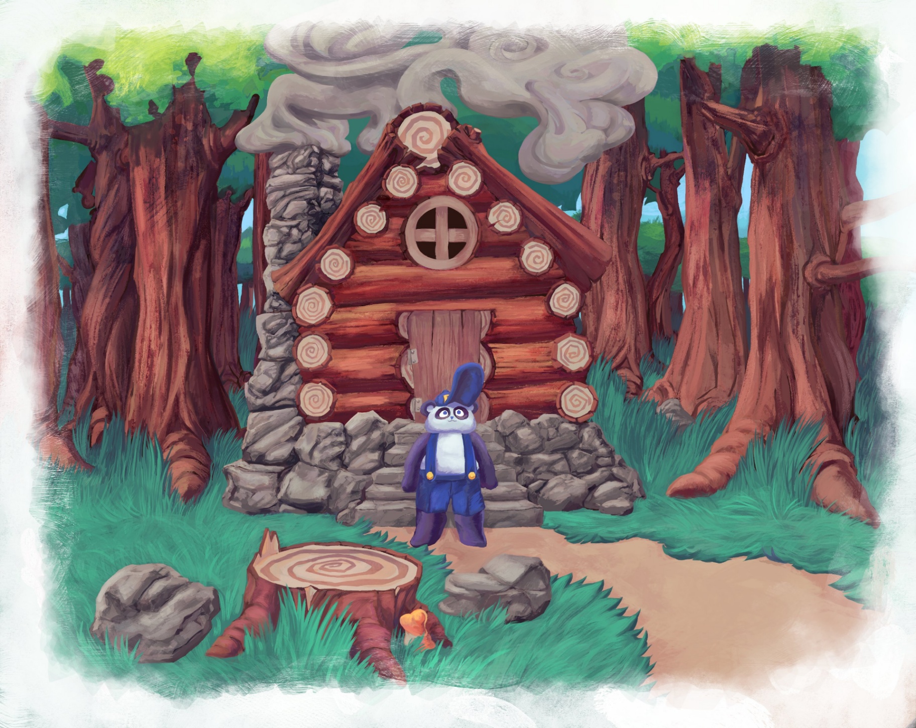 Panda Pat outside the log cabin in the woods