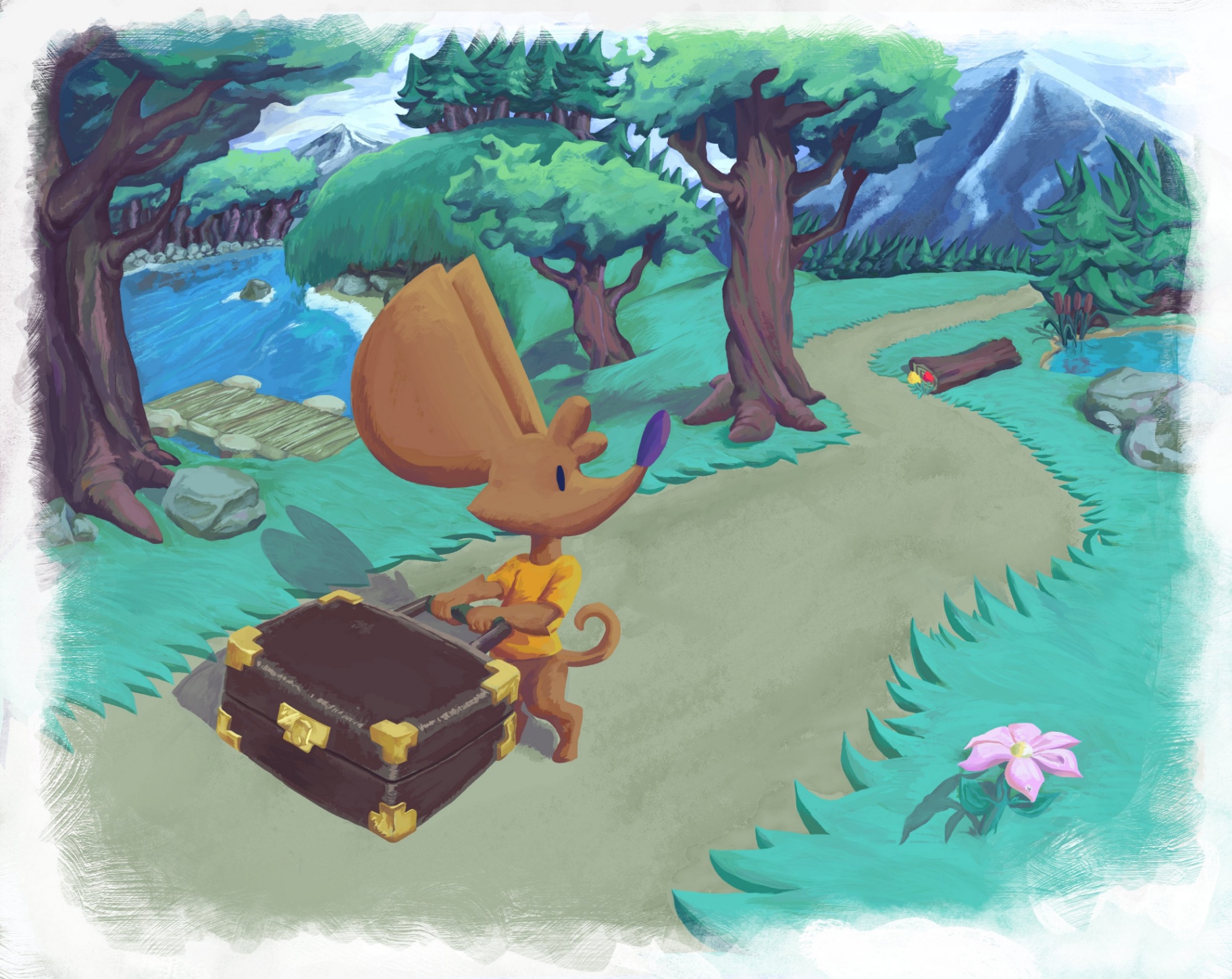 Cat the rat traveling with a suitcase by the river